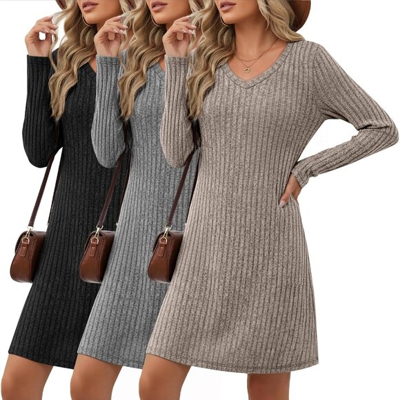 3 Pack Women's V Neck Long Sleeve Knit Dresses Casual Fall Winter Fit